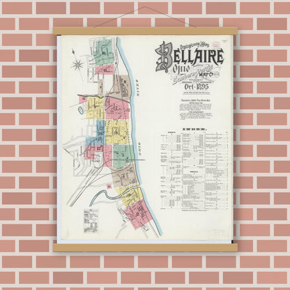 Old map wall art mockup — magnetic wood frame on brick wall — Sanborn Fire Insurance Map from Bellaire, Belmont County, Ohio (1895) - Complete Map Set