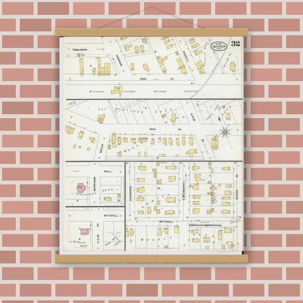 Old map wall art mockup — magnetic wood frame on brick wall — Sanborn Fire Insurance Map from Jackson, Jackson County, Michigan (1899), Sheet #0032