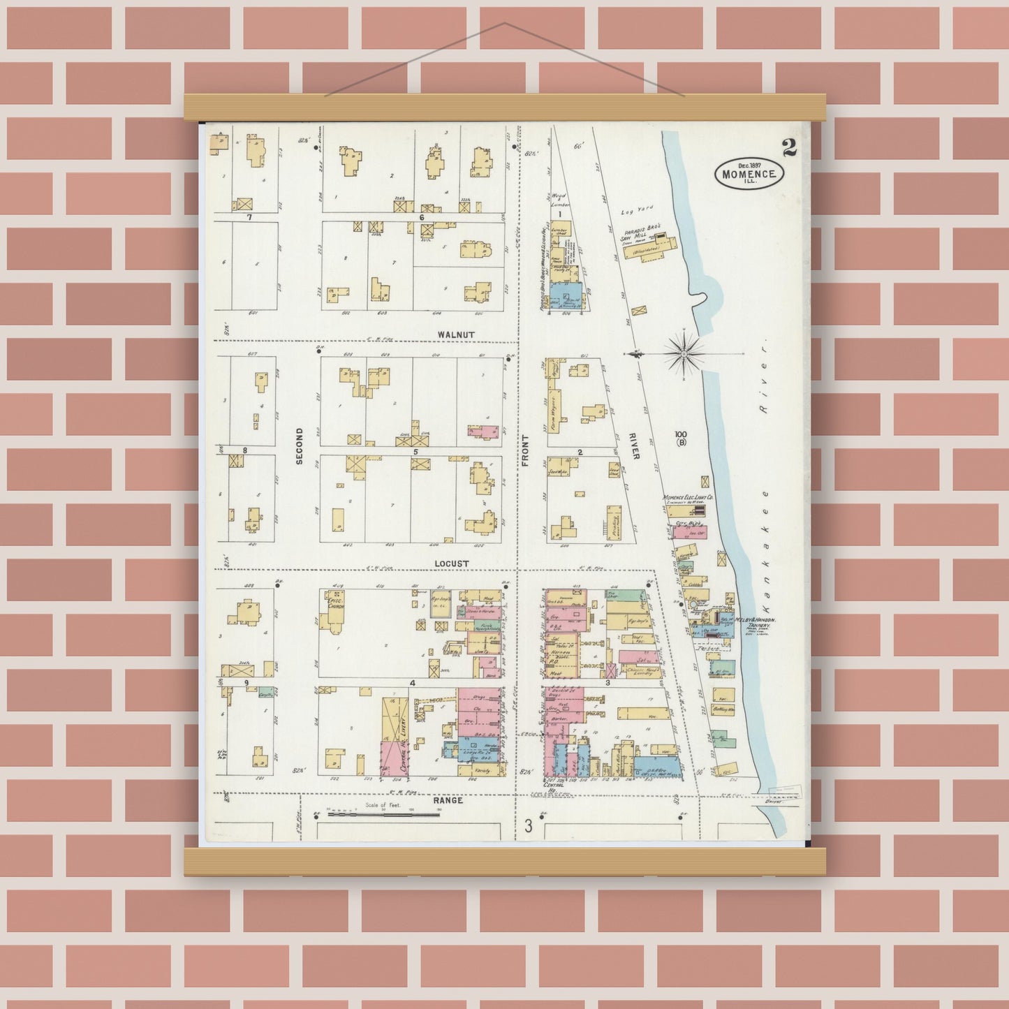 Old map wall art mockup — magnetic wood frame on brick wall — Sanborn Fire Insurance Map from Momence, Kankakee County, Illinois (1897), Sheet #0002