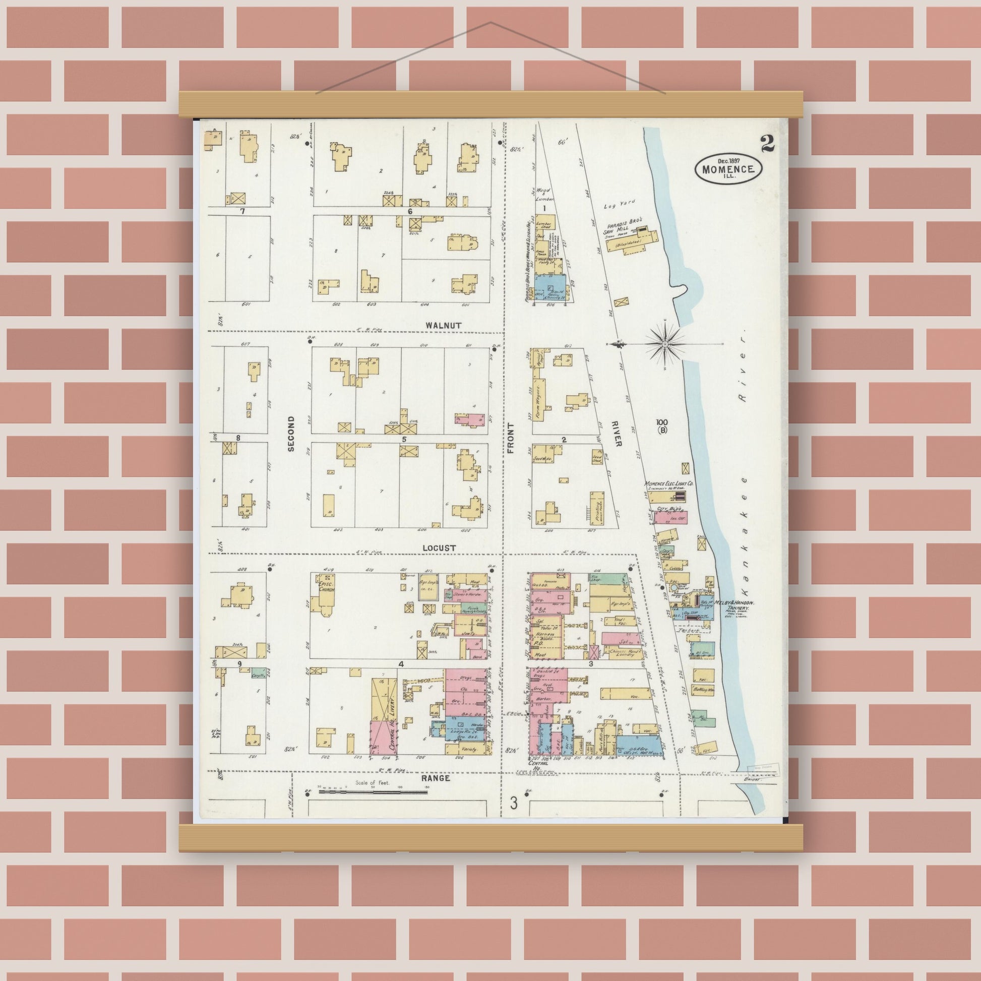 Old map wall art mockup — magnetic wood frame on brick wall — Sanborn Fire Insurance Map from Momence, Kankakee County, Illinois (1897), Sheet #0002