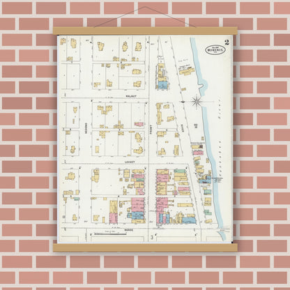 Old map wall art mockup — magnetic wood frame on brick wall — Sanborn Fire Insurance Map from Momence, Kankakee County, Illinois (1897), Sheet #0002