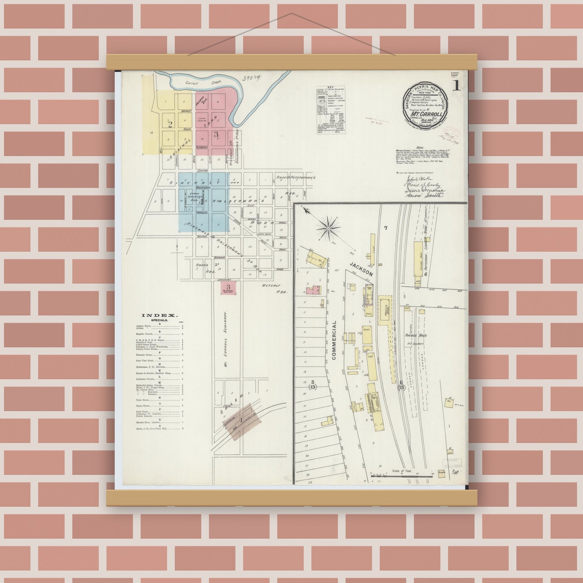 Old map wall art mockup — magnetic wood frame on brick wall — Sanborn Fire Insurance Map from Mount Carroll, Carroll County, Illinois (1894) - Complete Map Set