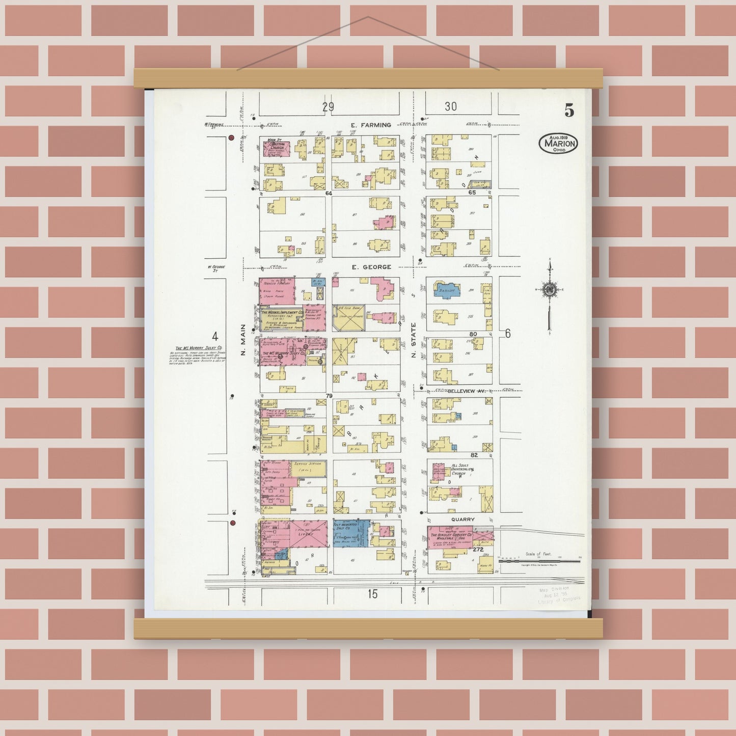 Old map wall art mockup — magnetic wood frame on brick wall — Sanborn Fire Insurance Map from Marion, Marion County, Ohio (1919), Sheet #0005