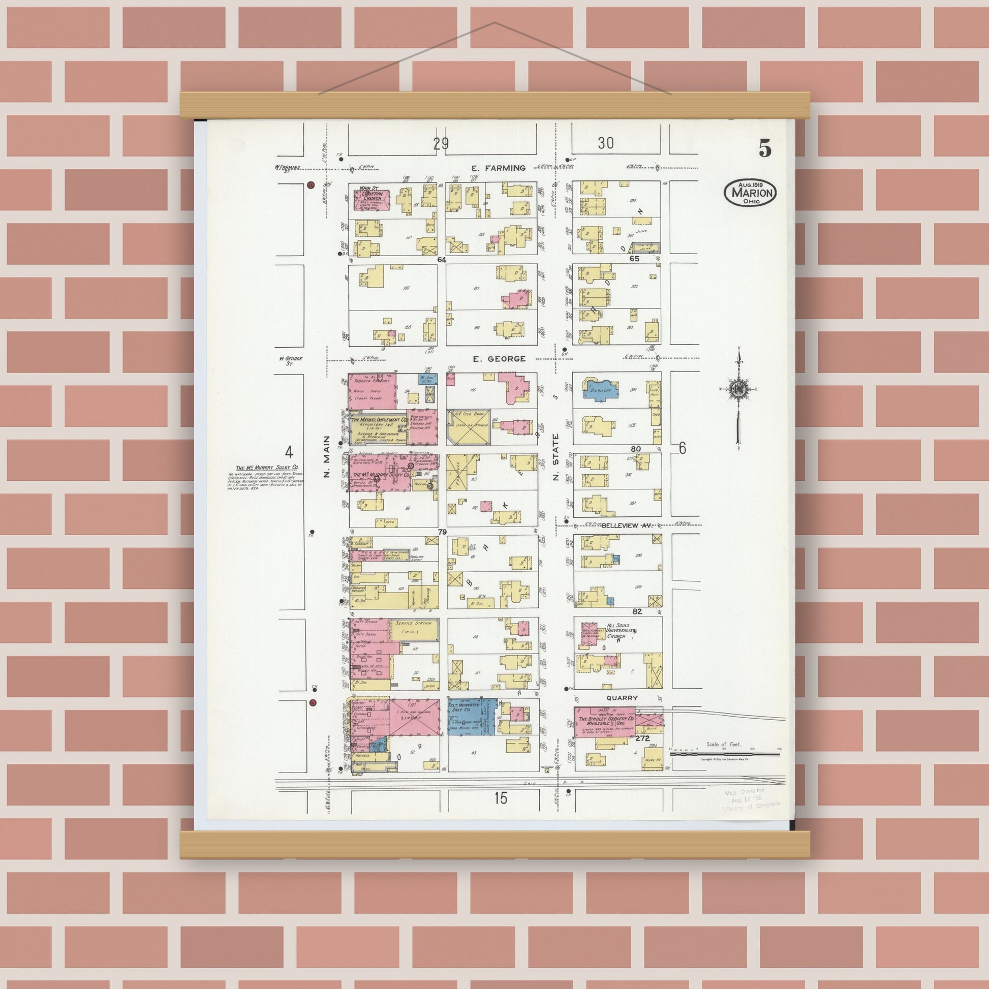 Old map wall art mockup — magnetic wood frame on brick wall — Sanborn Fire Insurance Map from Marion, Marion County, Ohio (1919), Sheet #0005