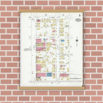 Old map wall art mockup — magnetic wood frame on brick wall — Sanborn Fire Insurance Map from Marion, Marion County, Ohio (1919), Sheet #0005