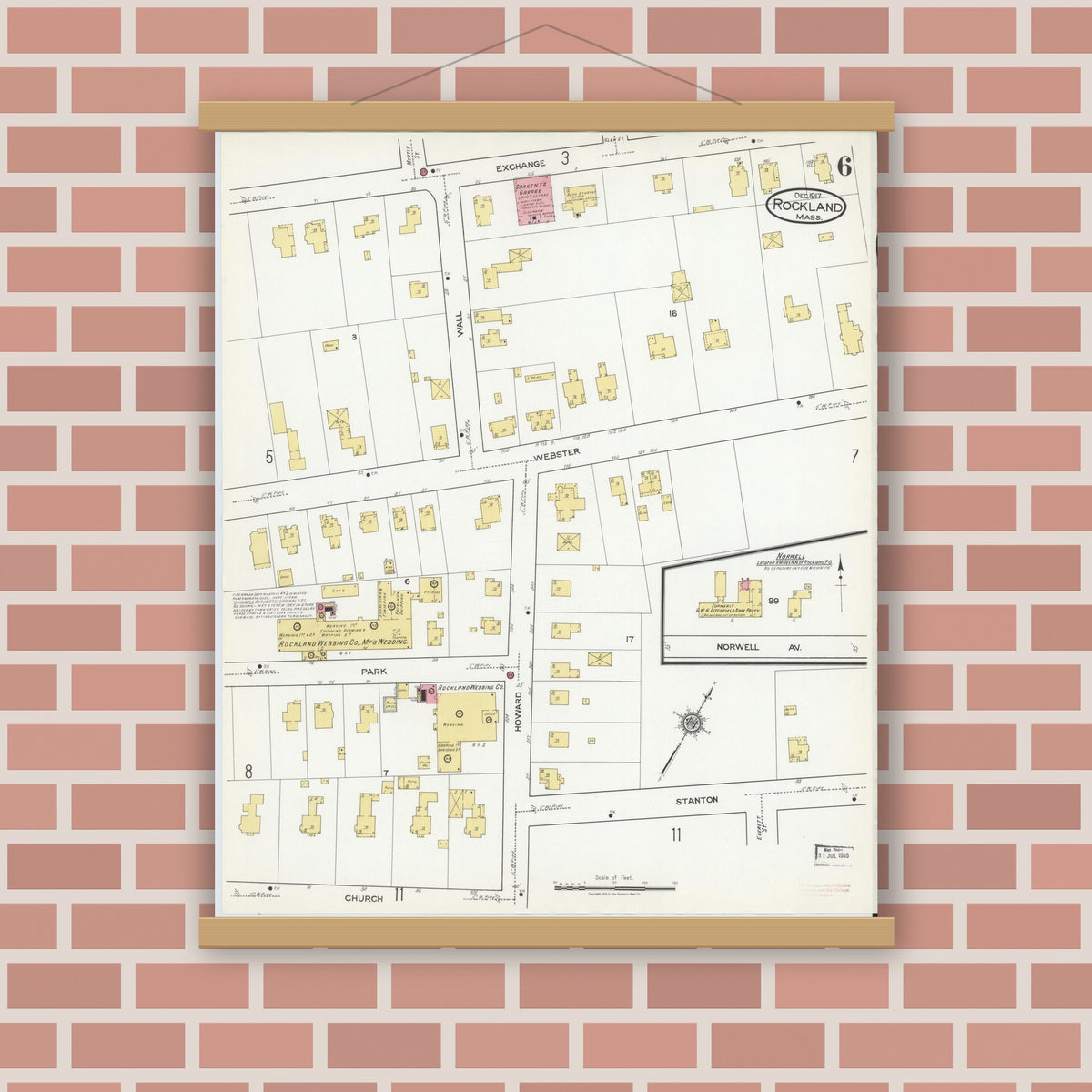 Old map wall art mockup — magnetic wood frame on brick wall — Sanborn Fire Insurance Map from Rockland, Plymouth County, Massachusetts (1917), Sheet #0006