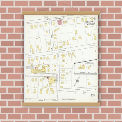Old map wall art mockup — magnetic wood frame on brick wall — Sanborn Fire Insurance Map from Rockland, Plymouth County, Massachusetts (1917), Sheet #0006