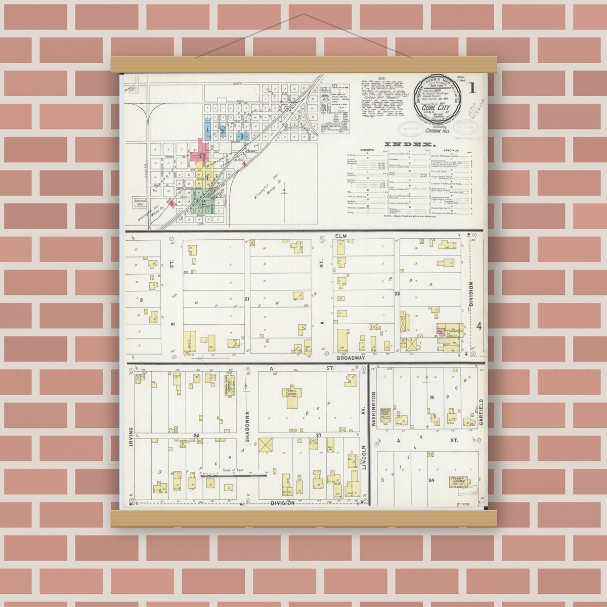 Old map wall art mockup — magnetic wood frame on brick wall — Sanborn Fire Insurance Map from Coal City, Grundy County, Illinois (1898) - Complete Map Set