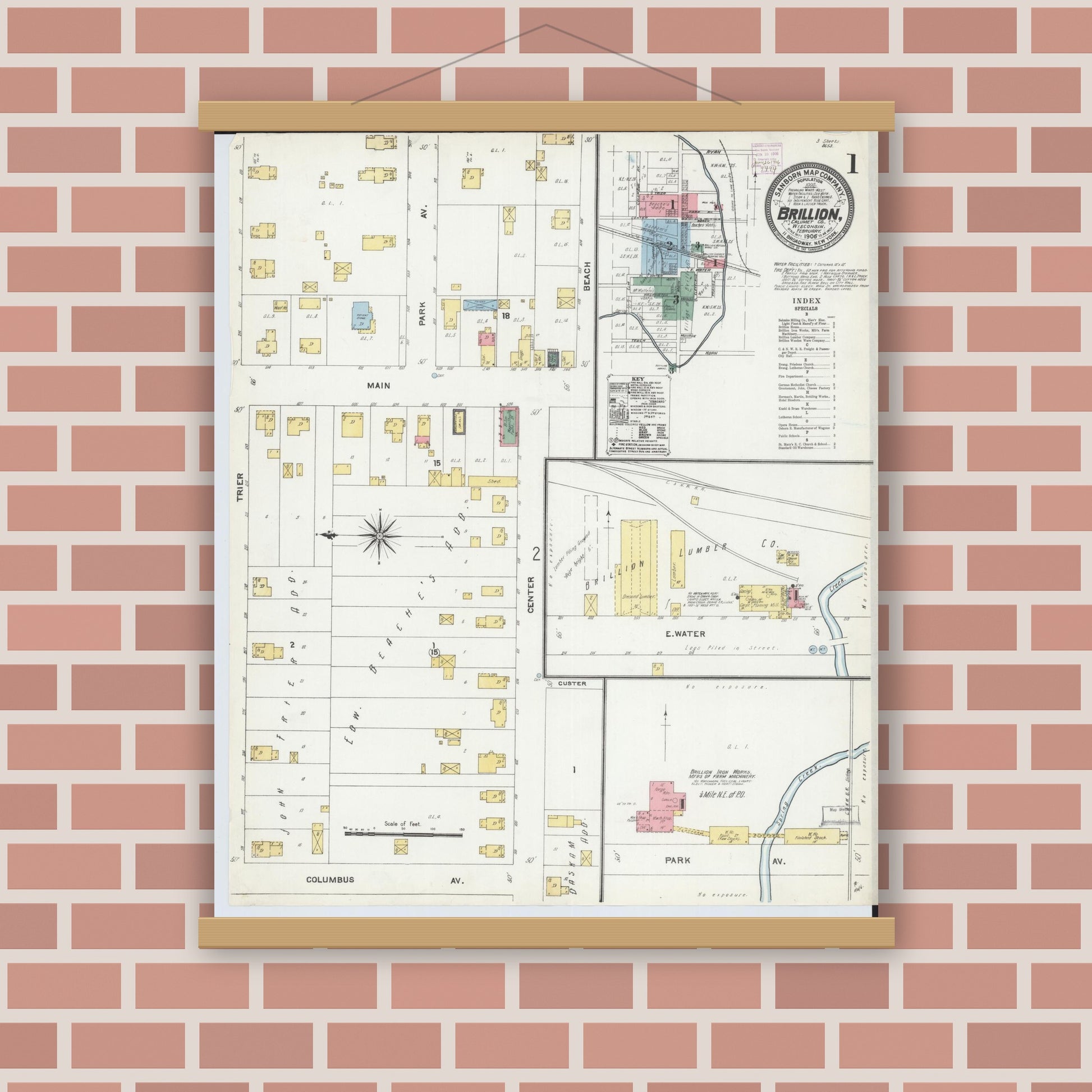 Old map wall art mockup — magnetic wood frame on brick wall — Sanborn Fire Insurance Map from Brillion, Calumet County, Wisconsin (1906) - Complete Map Set