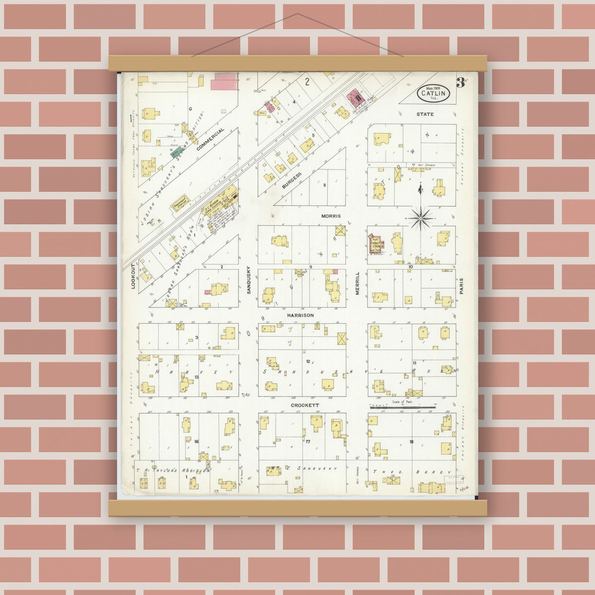 Old map wall art mockup — magnetic wood frame on brick wall — Sanborn Fire Insurance Map from Catlin, Vermilion County, Illinois (1909), Sheet #0003
