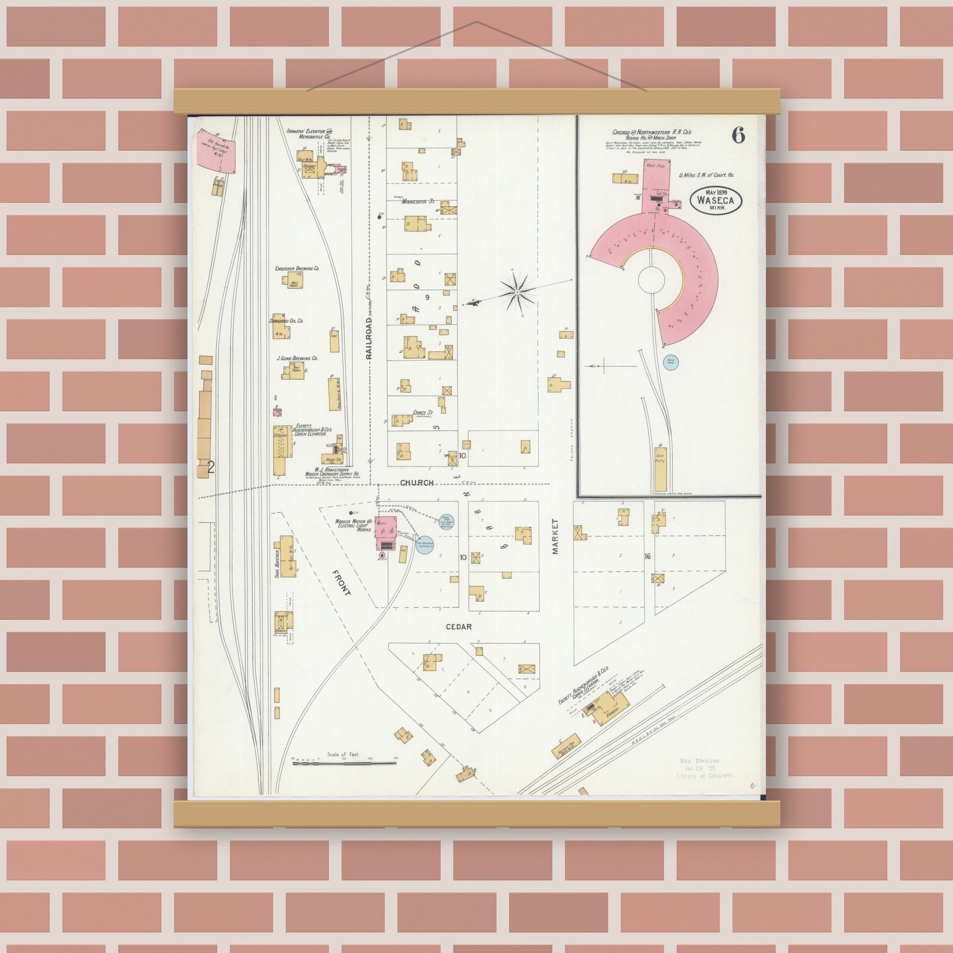 Old map wall art mockup — magnetic wood frame on brick wall — Sanborn Fire Insurance Map from Waseca, Waseca County, Minnesota (1899), Sheet #0006