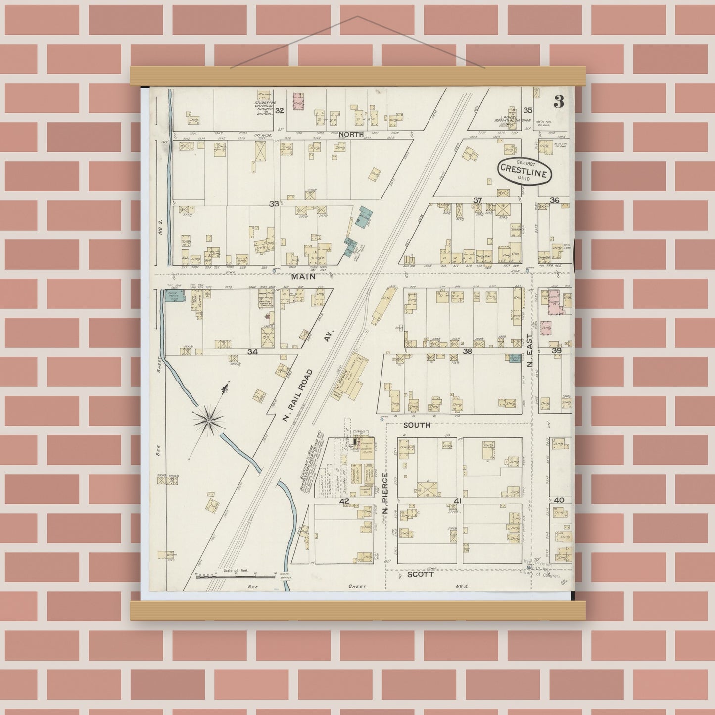Old map wall art mockup — magnetic wood frame on brick wall — Sanborn Fire Insurance Map from Crestline, Crawford County, Ohio (1887), Sheet #0003