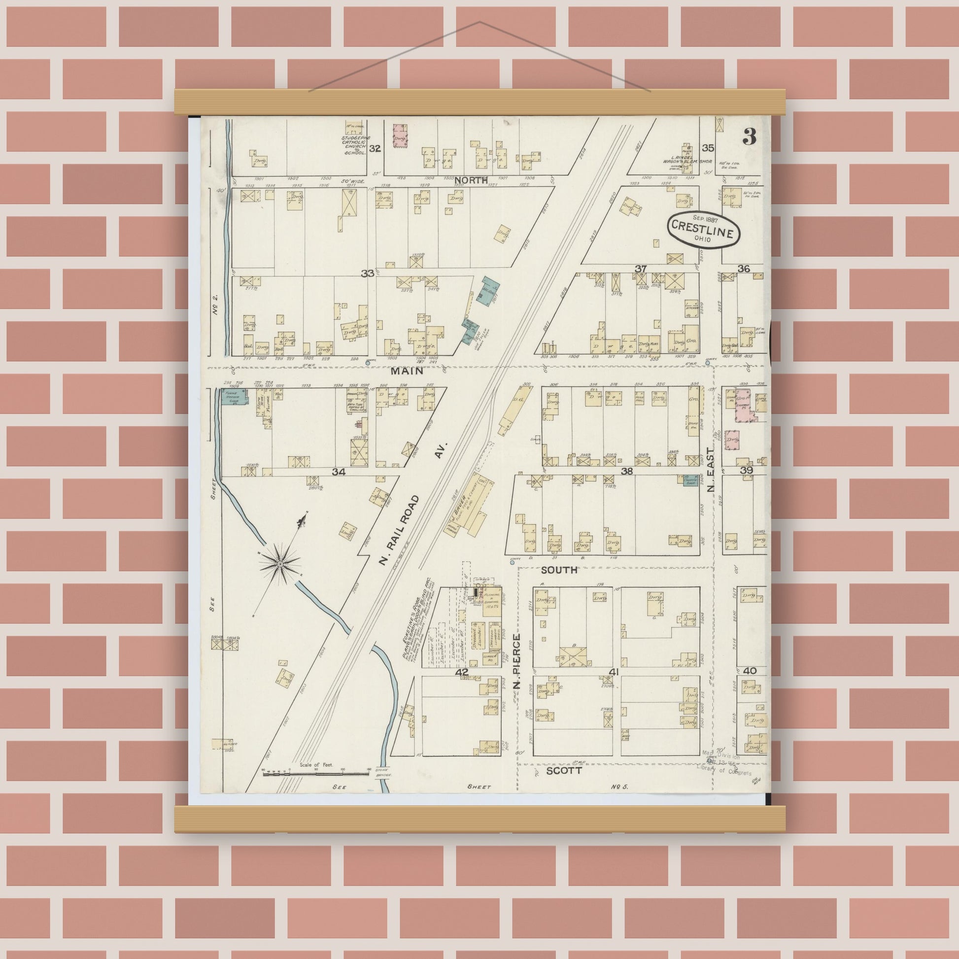 Old map wall art mockup — magnetic wood frame on brick wall — Sanborn Fire Insurance Map from Crestline, Crawford County, Ohio (1887), Sheet #0003