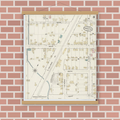 Old map wall art mockup — magnetic wood frame on brick wall — Sanborn Fire Insurance Map from Crestline, Crawford County, Ohio (1887), Sheet #0003