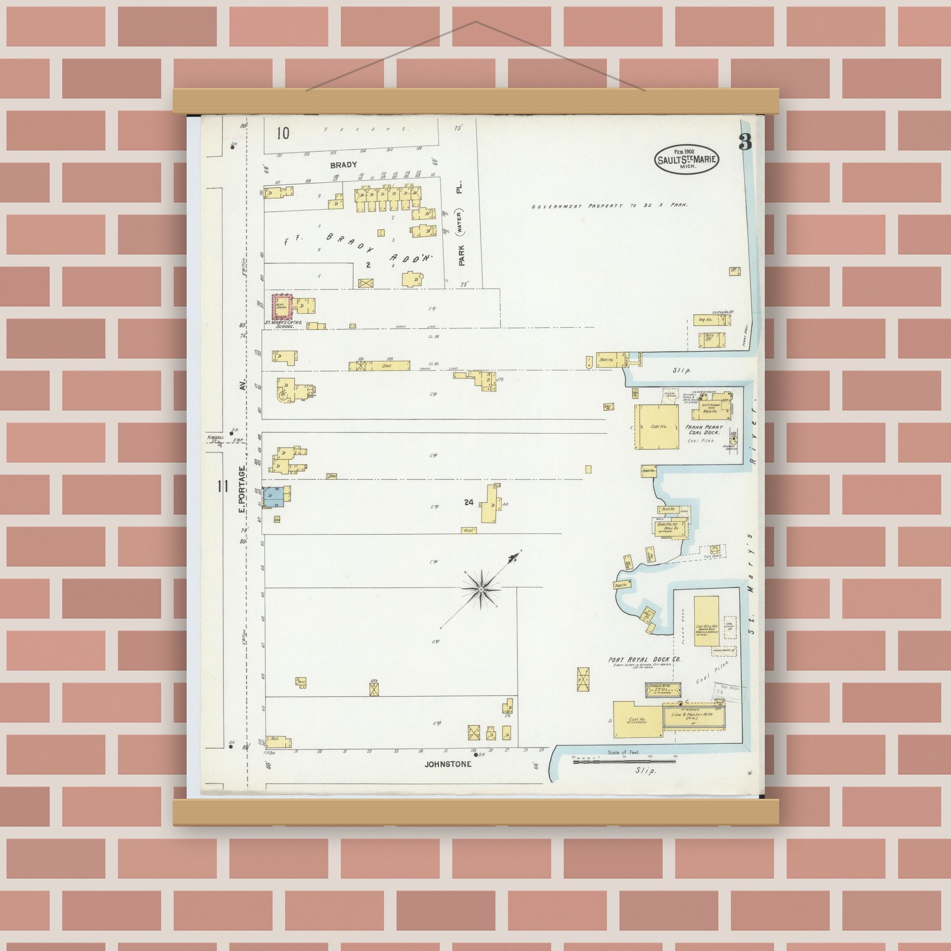 Old map wall art mockup — magnetic wood frame on brick wall — Sanborn Fire Insurance Map from Sault Sainte Marie, Chippewa County, Michigan (1902), Sheet #0003