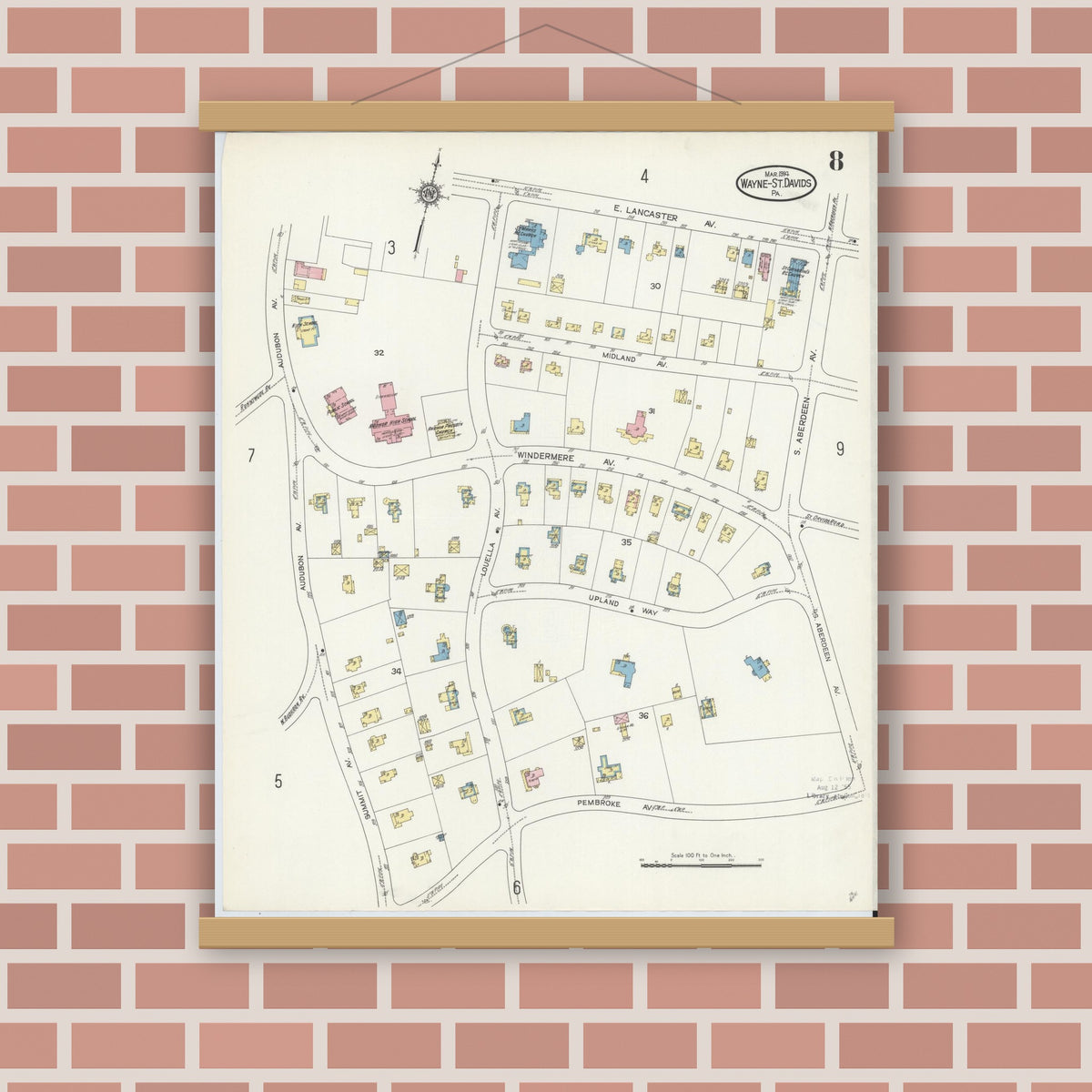 Old map wall art mockup — magnetic wood frame on brick wall — Sanborn Fire Insurance Map from Wayne, Delaware County, Pennsylvania (1914), Sheet #0008