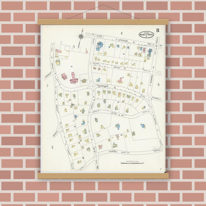 Old map wall art mockup — magnetic wood frame on brick wall — Sanborn Fire Insurance Map from Wayne, Delaware County, Pennsylvania (1914), Sheet #0008