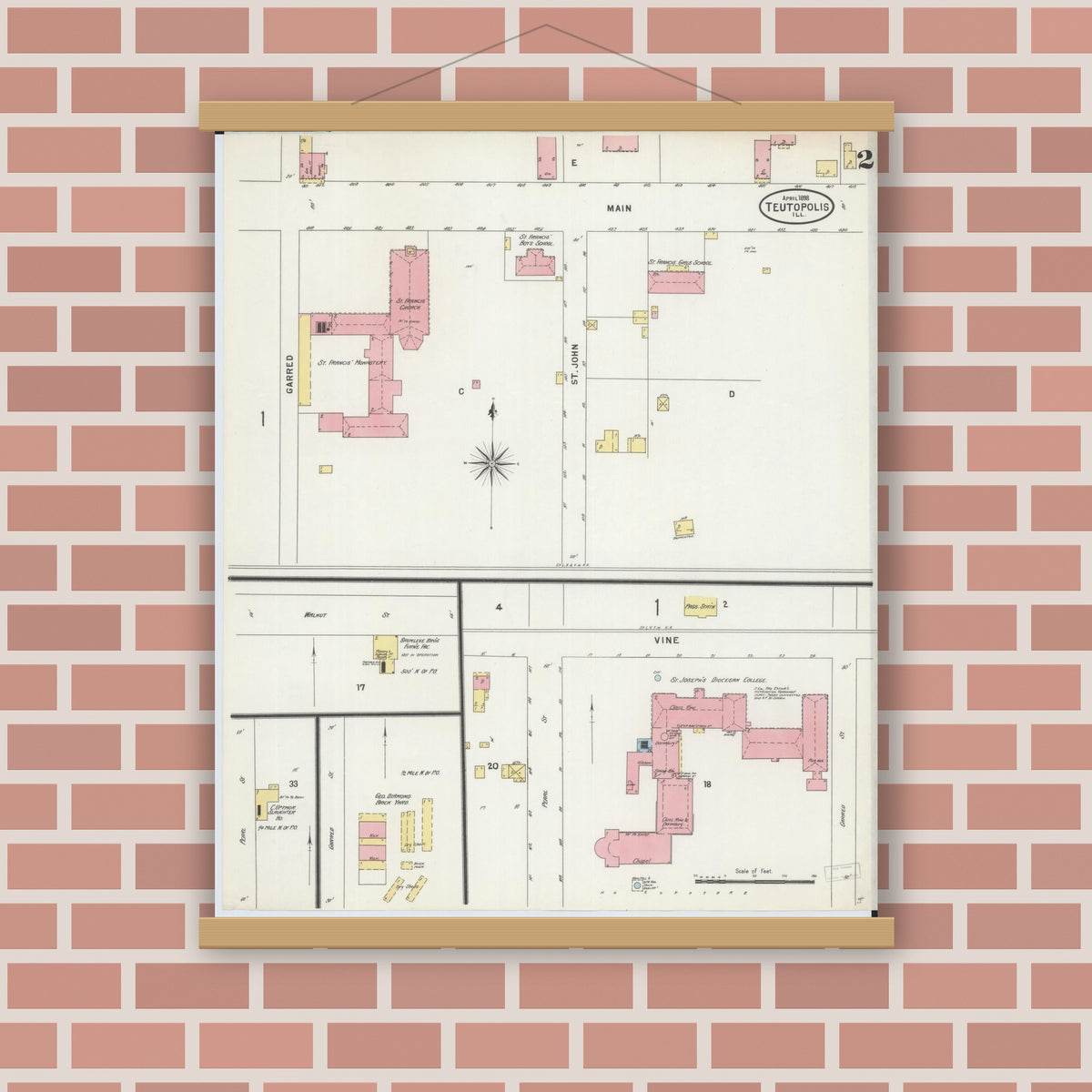 Old map wall art mockup — magnetic wood frame on brick wall — Sanborn Fire Insurance Map from Teutopolis, Effingham County, Illinois (1898), Sheet #0002