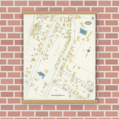 Old map wall art mockup — magnetic wood frame on brick wall — Sanborn Fire Insurance Map from Monson, Hampden County, Massachusetts (1918), Sheet #0003