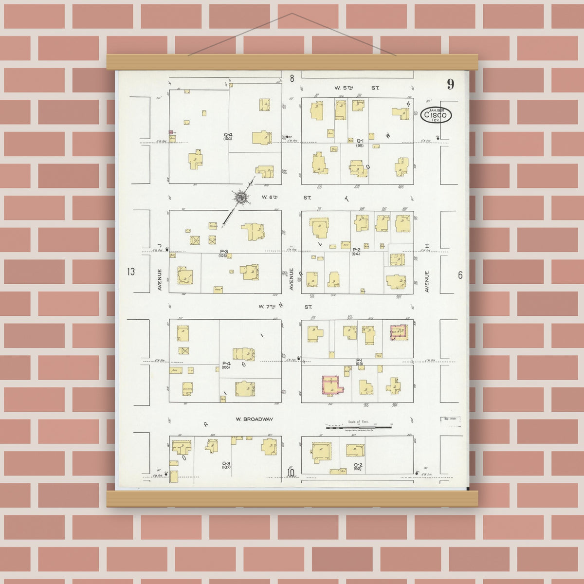 Old map wall art mockup — magnetic wood frame on brick wall — Sanborn Fire Insurance Map from Cisco, Eastland County, Texas (1920), Sheet #0009
