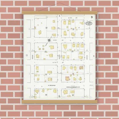 Old map wall art mockup — magnetic wood frame on brick wall — Sanborn Fire Insurance Map from Cisco, Eastland County, Texas (1920), Sheet #0009