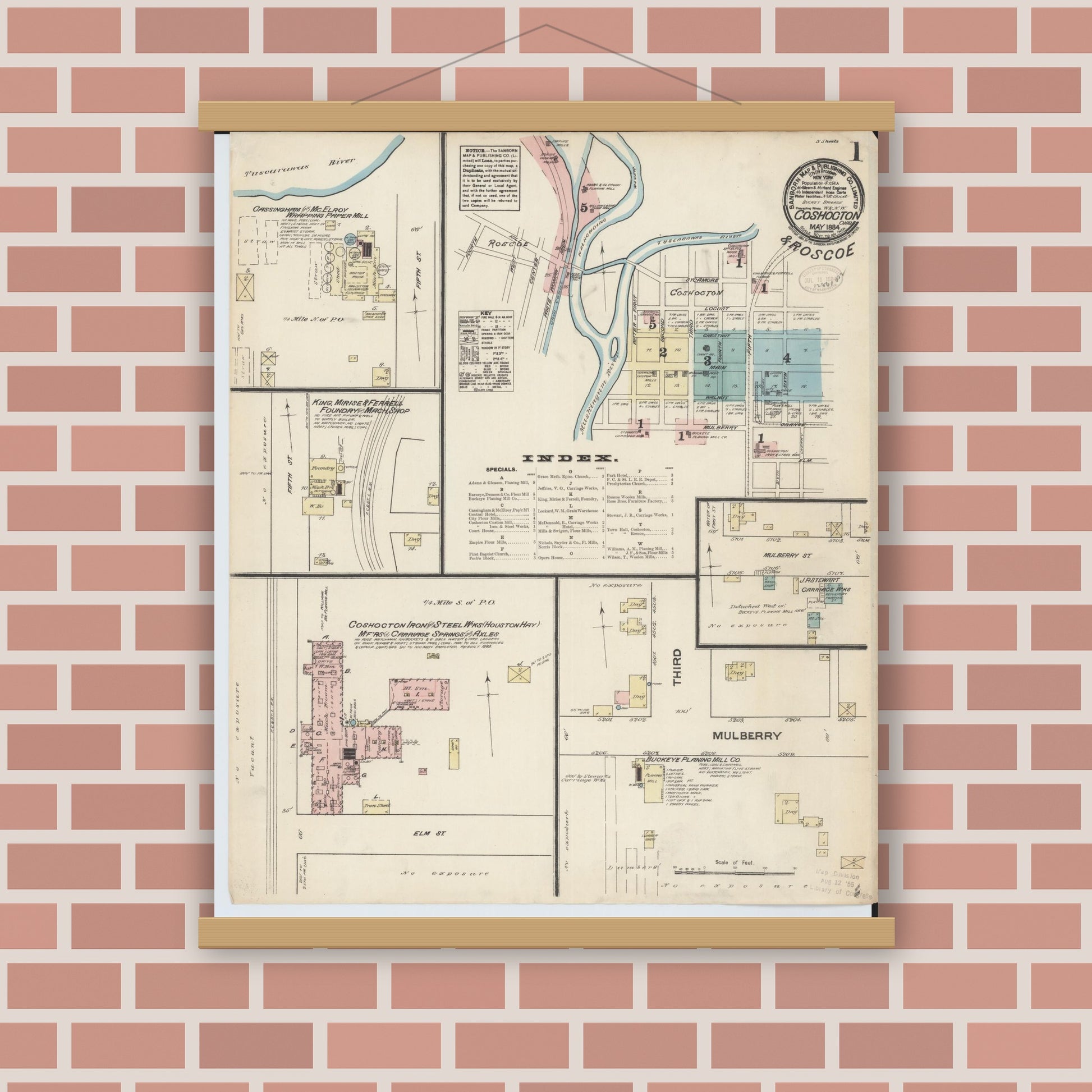 Old map wall art mockup — magnetic wood frame on brick wall — Sanborn Fire Insurance Map from Coshocton, Coshocton County, Ohio (1884), Sheet #0001