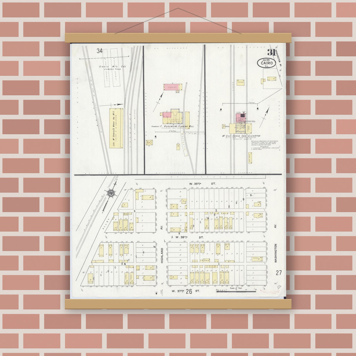 Old map wall art mockup — magnetic wood frame on brick wall — Sanborn Fire Insurance Map from Cairo, Alexander County, Illinois (1914), Sheet #0031