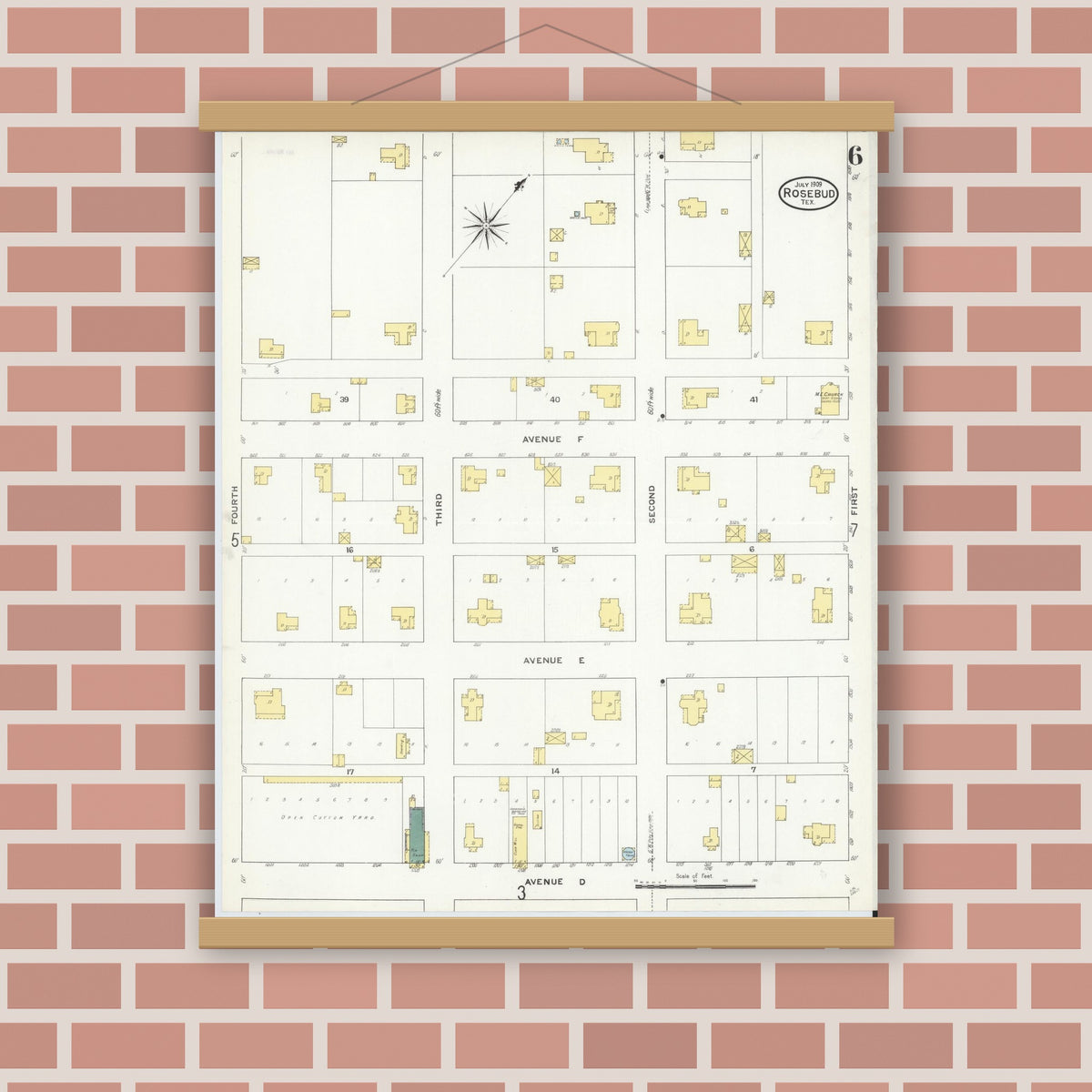 Old map wall art mockup — magnetic wood frame on brick wall — Sanborn Fire Insurance Map from Rosebud, Falls County, Texas (1909), Sheet #0006