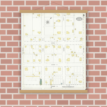 Old map wall art mockup — magnetic wood frame on brick wall — Sanborn Fire Insurance Map from Rosebud, Falls County, Texas (1909), Sheet #0006