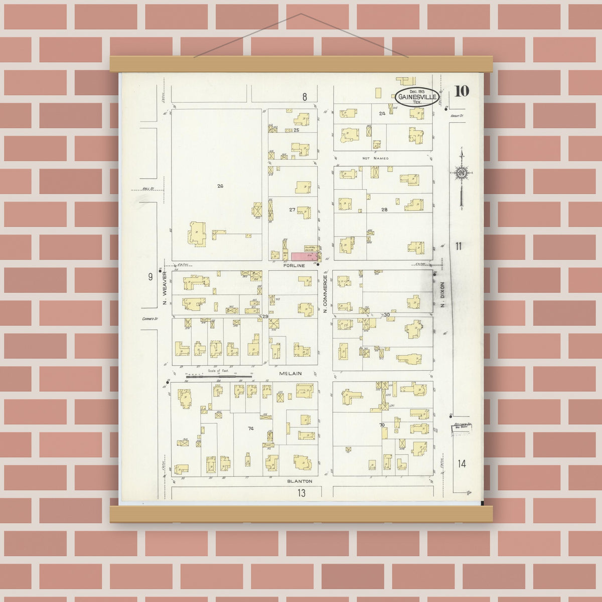 Old map wall art mockup — magnetic wood frame on brick wall — Sanborn Fire Insurance Map from Gainesville, Cooke County, Texas (1913), Sheet #0010