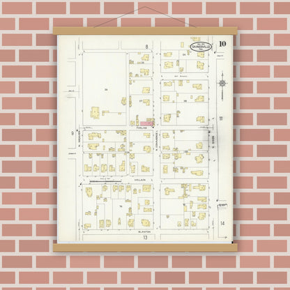 Old map wall art mockup — magnetic wood frame on brick wall — Sanborn Fire Insurance Map from Gainesville, Cooke County, Texas (1913), Sheet #0010
