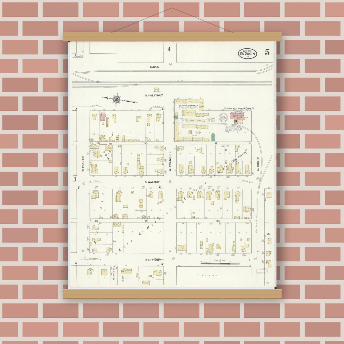 Old map wall art mockup — magnetic wood frame on brick wall — Sanborn Fire Insurance Map from Du Quoin, Perry County, Illinois (1910), Sheet #0005