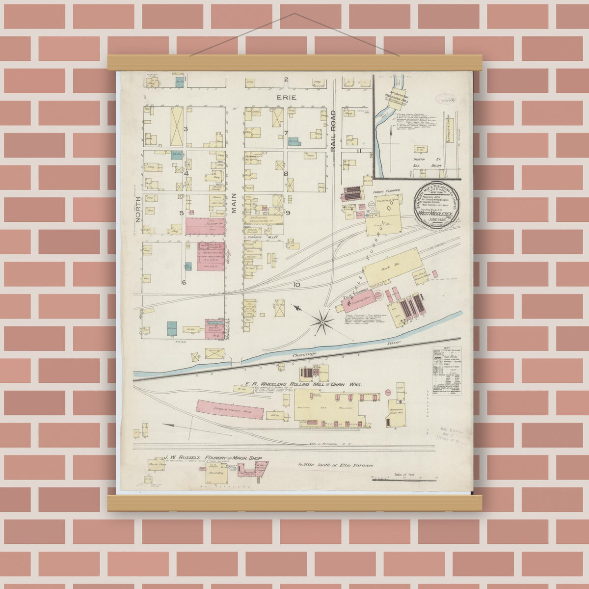 Old map wall art mockup — magnetic wood frame on brick wall — Sanborn Fire Insurance Map from West Middlesex, Mercer County, Pennsylvania (1886), Sheet #0001