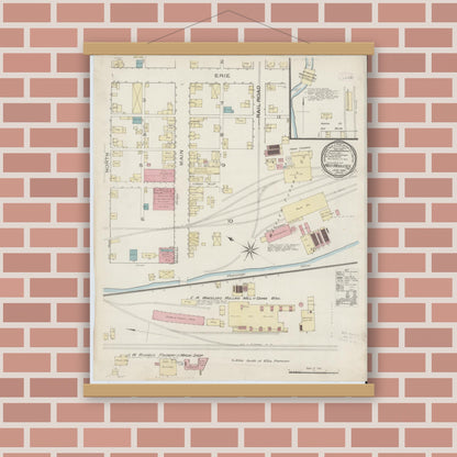 Old map wall art mockup — magnetic wood frame on brick wall — Sanborn Fire Insurance Map from West Middlesex, Mercer County, Pennsylvania (1886), Sheet #0001