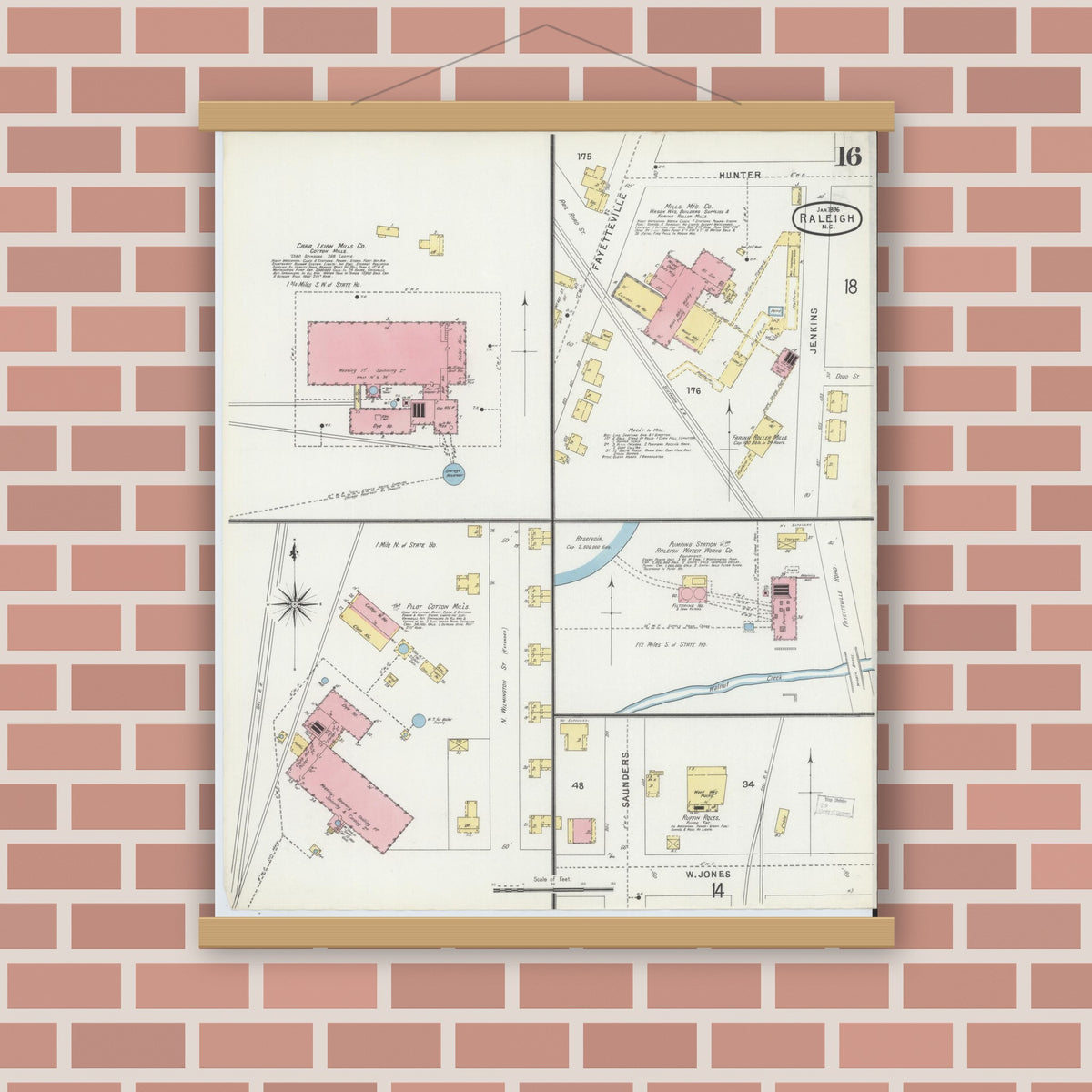 Old map wall art mockup — magnetic wood frame on brick wall — Sanborn Fire Insurance Map from Raleigh, Wake County, North Carolina (1896), Sheet #0016