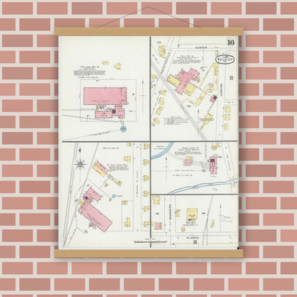 Old map wall art mockup — magnetic wood frame on brick wall — Sanborn Fire Insurance Map from Raleigh, Wake County, North Carolina (1896), Sheet #0016