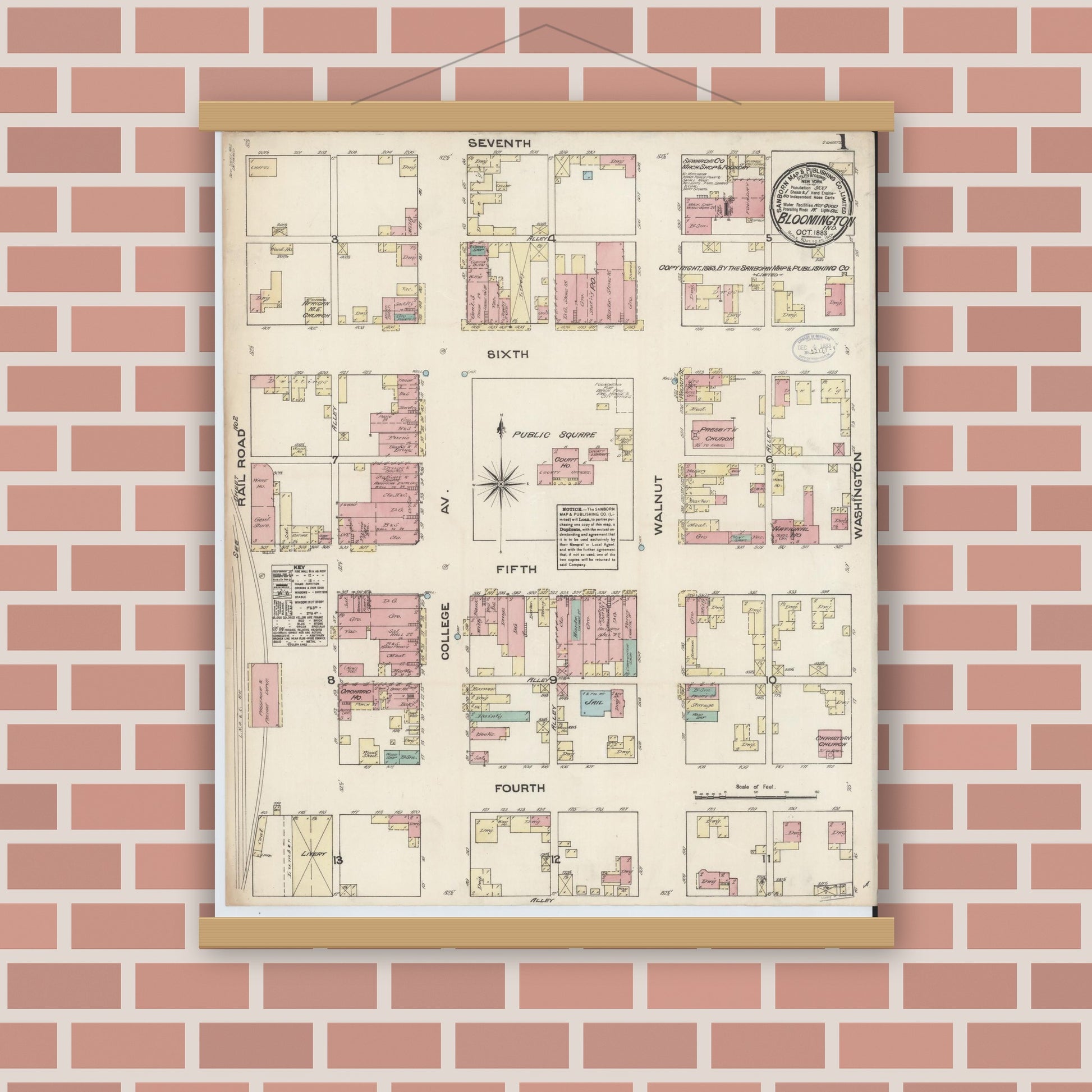 Old map wall art mockup — magnetic wood frame on brick wall — Sanborn Fire Insurance Map from Bloomington, Monroe County, Indiana (1883), Sheet #0001