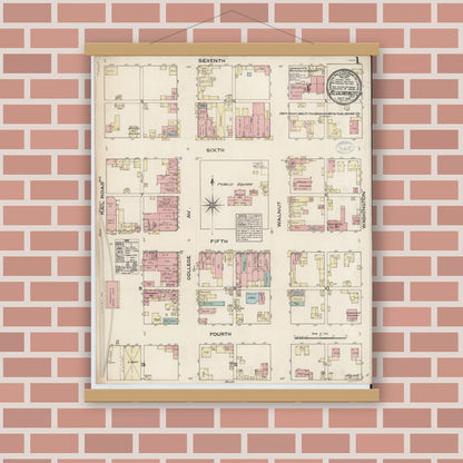 Old map wall art mockup — magnetic wood frame on brick wall — Sanborn Fire Insurance Map from Bloomington, Monroe County, Indiana (1883), Sheet #0001