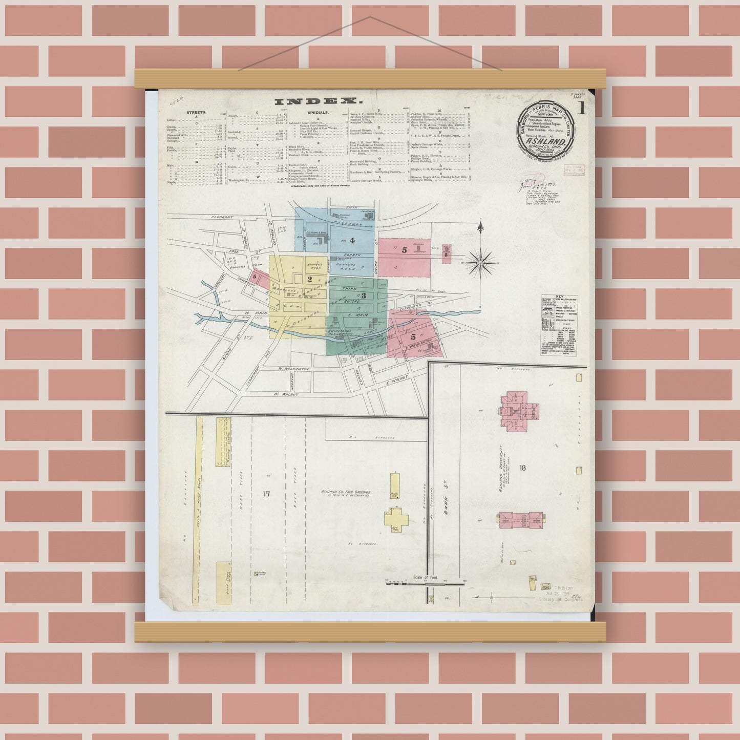 Old map wall art mockup — magnetic wood frame on brick wall — Sanborn Fire Insurance Map from Ashland, Ashland County, Ohio (1893), Sheet #0001