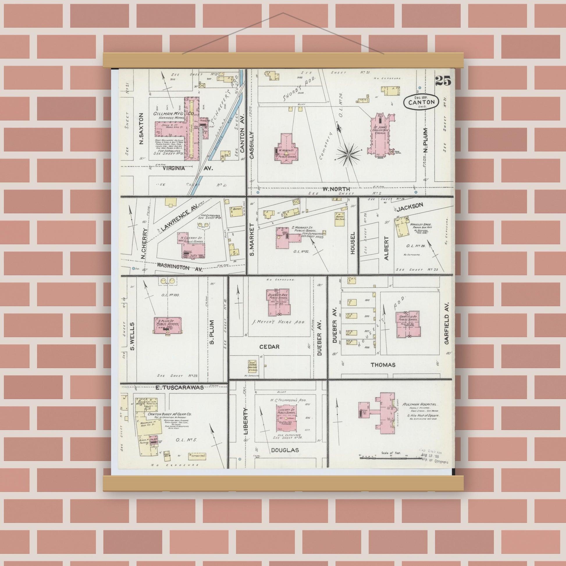 Old map wall art mockup — magnetic wood frame on brick wall — Sanborn Fire Insurance Map from Canton, Stark County, Ohio (1891), Sheet #0025