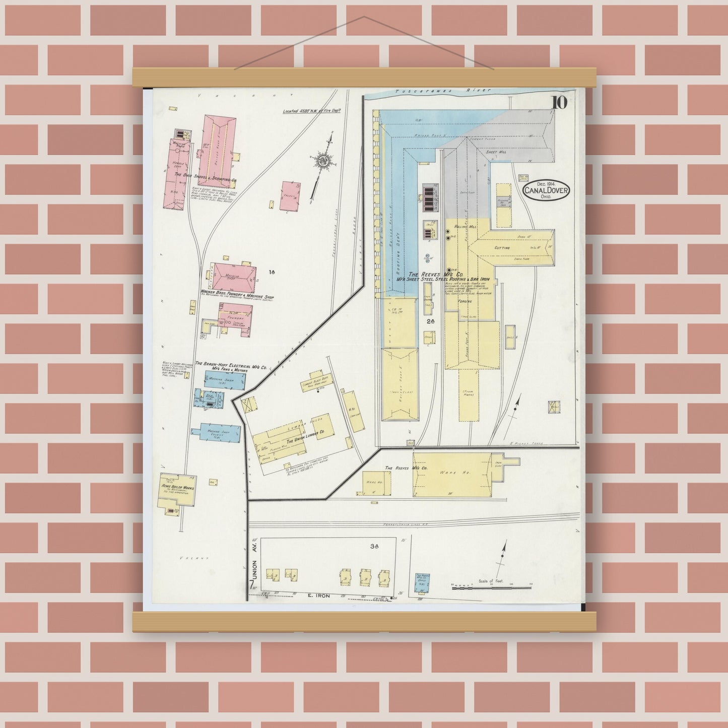 Old map wall art mockup — magnetic wood frame on brick wall — Sanborn Fire Insurance Map from Canal Dover, Tuscarawas County, Ohio (1914), Sheet #0010