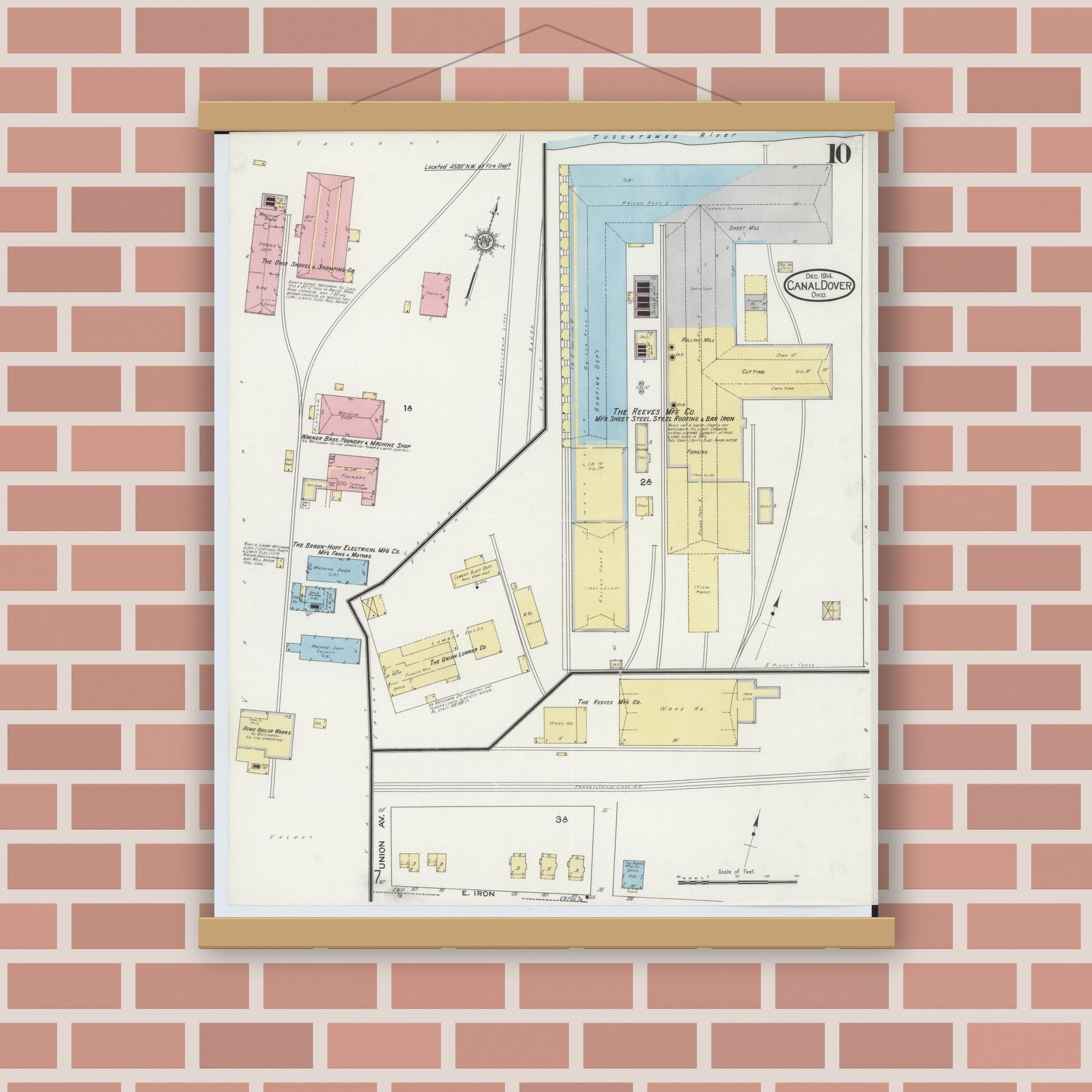 Old map wall art mockup — magnetic wood frame on brick wall — Sanborn Fire Insurance Map from Canal Dover, Tuscarawas County, Ohio (1914), Sheet #0010