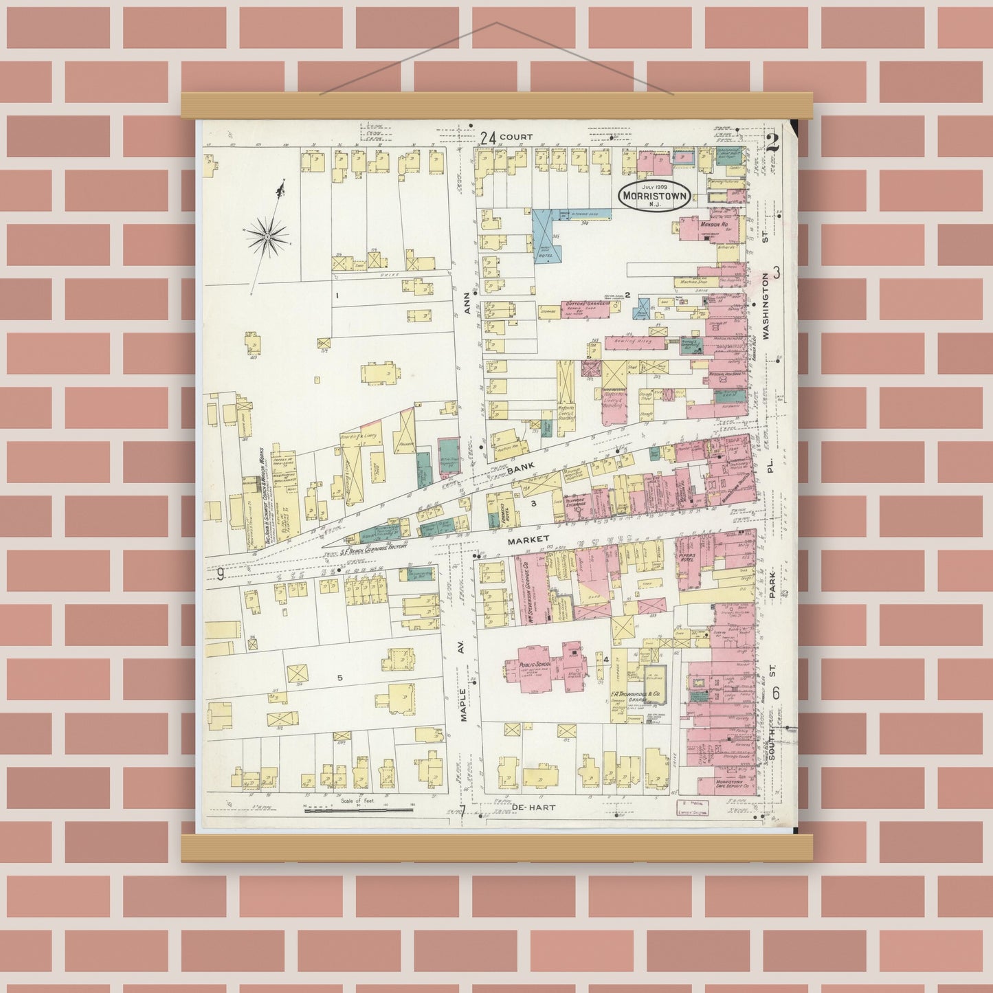 Old map wall art mockup — magnetic wood frame on brick wall — Sanborn Fire Insurance Map from Morristown, Morris County, New Jersey (1909) - Complete Map Set