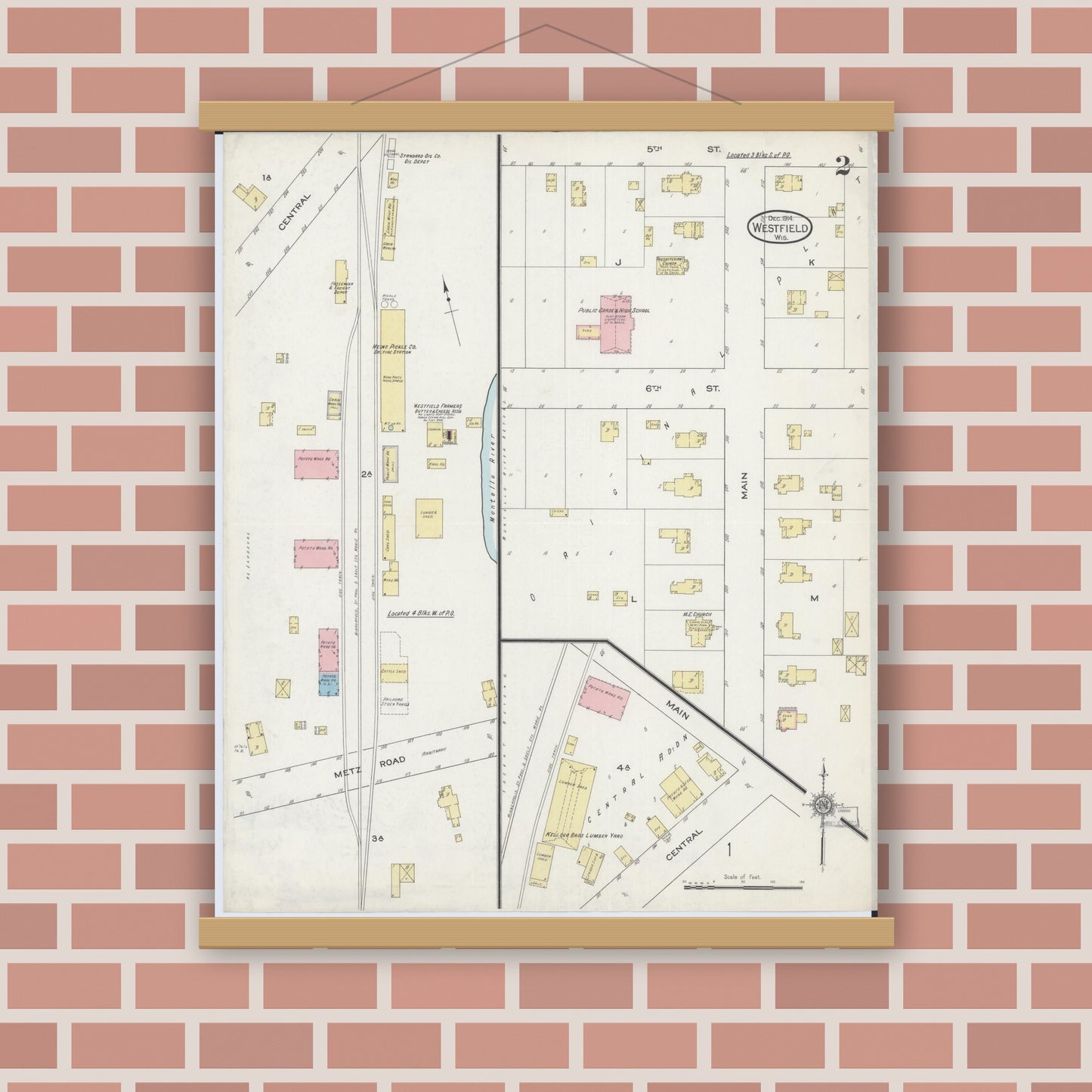 Old map wall art mockup — magnetic wood frame on brick wall — Sanborn Fire Insurance Map from Westfield, Marquette County, Wisconsin (1914), Sheet #0002