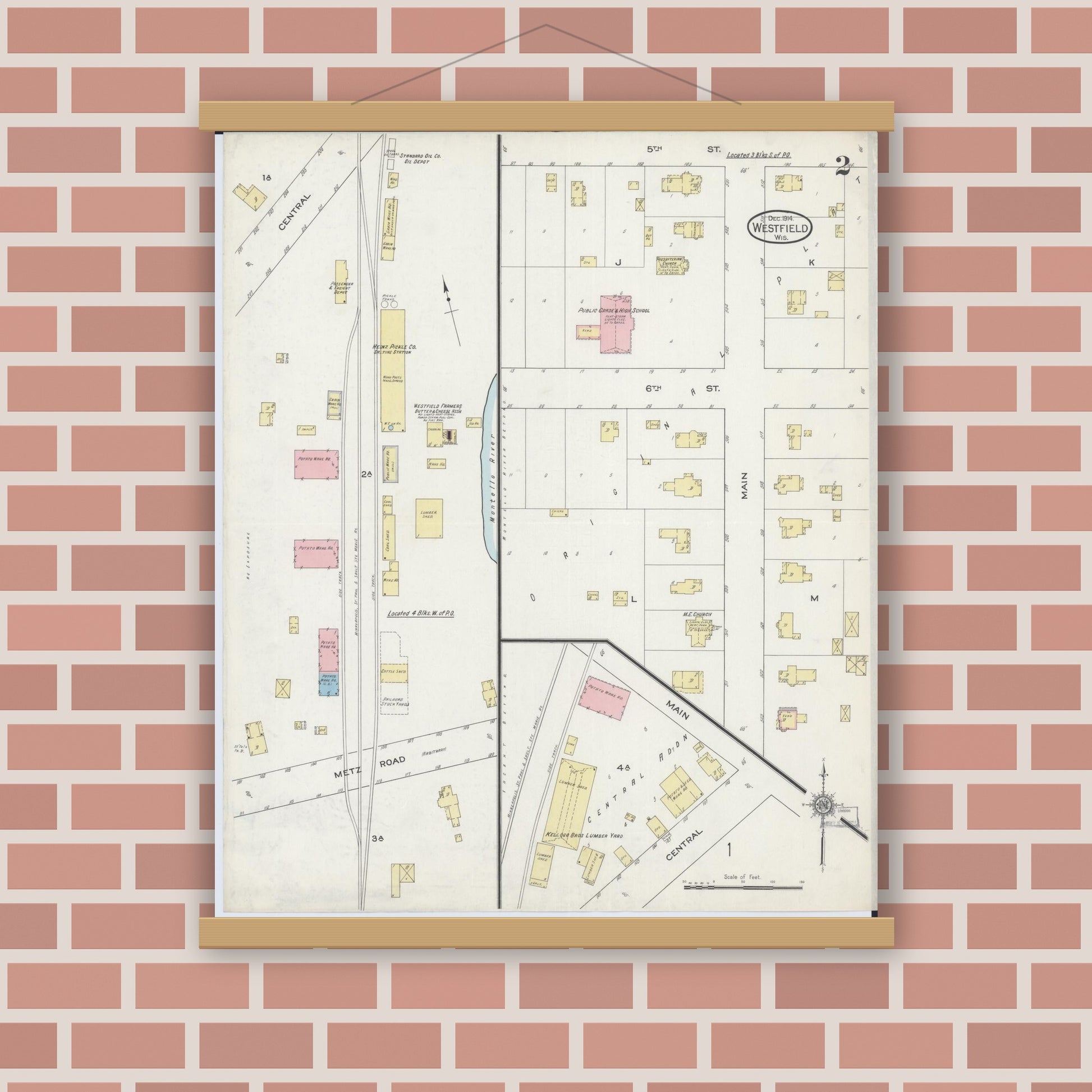 Old map wall art mockup — magnetic wood frame on brick wall — Sanborn Fire Insurance Map from Westfield, Marquette County, Wisconsin (1914), Sheet #0002