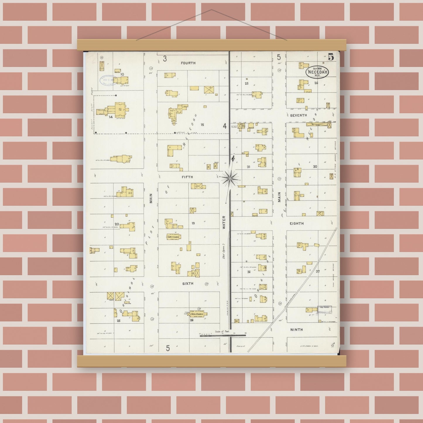 Old map wall art mockup — magnetic wood frame on brick wall — Sanborn Fire Insurance Map from Necedah, Juneau County, Wisconsin (1898), Sheet #0005
