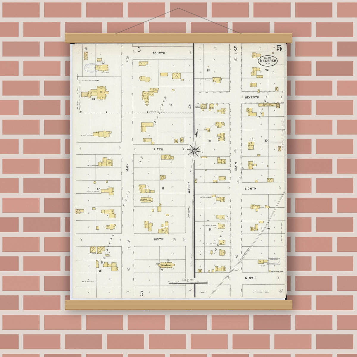 Old map wall art mockup — magnetic wood frame on brick wall — Sanborn Fire Insurance Map from Necedah, Juneau County, Wisconsin (1898), Sheet #0005