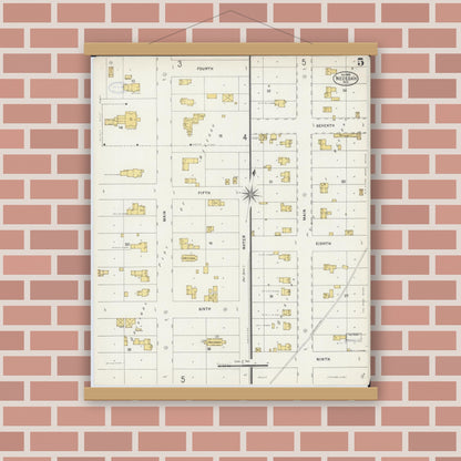 Old map wall art mockup — magnetic wood frame on brick wall — Sanborn Fire Insurance Map from Necedah, Juneau County, Wisconsin (1898), Sheet #0005