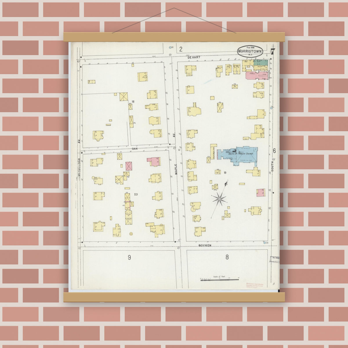 Old map wall art mockup — magnetic wood frame on brick wall — Sanborn Fire Insurance Map from Morristown, Morris County, New Jersey (1896), Sheet #0007