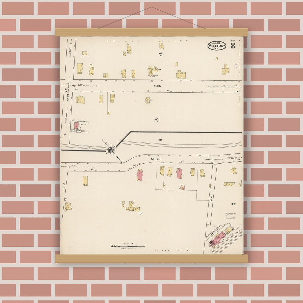 Old map wall art mockup — magnetic wood frame on brick wall — Sanborn Fire Insurance Map from Allegany, Cattaraugus County, New York (1922), Sheet #0008